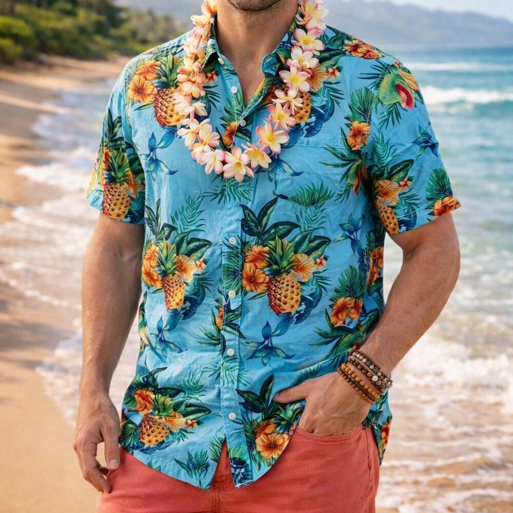 Club Room Hawaiian Short Sleeve Shirt Floral Pineapple Button Front Size L